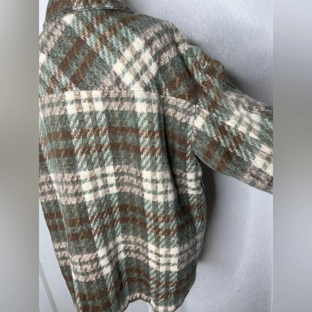 Plaid Women's Jacket in Green Brown Button Up Pockets Fall Woods Cozy Size XL